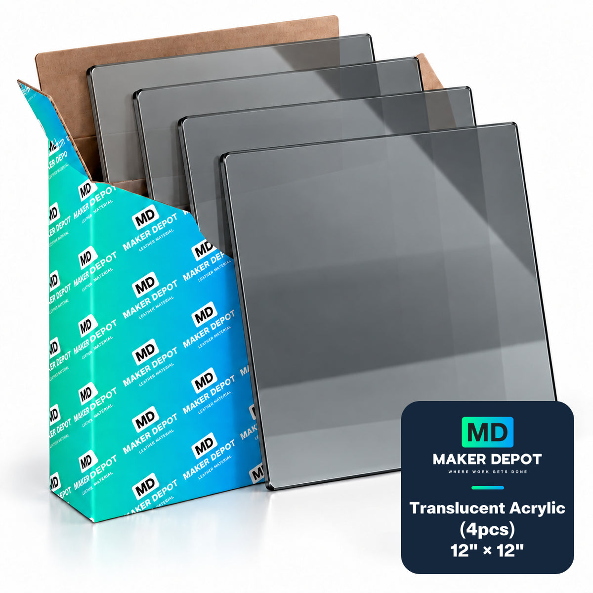 MakerDepot 1/8" Translucent Acrylic Sheets, 12" × 12", 4 Pack for Laser Engraving & Cutting