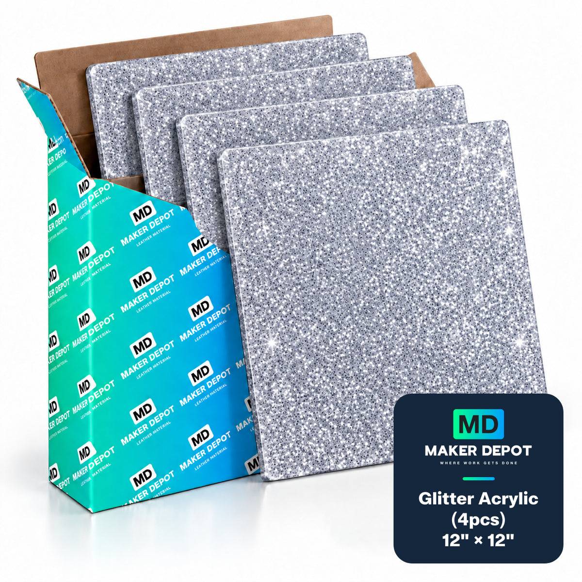 MakerDepot 1/8" Glitter Acrylic Sheets, 12" × 12", 4 Pack for Laser Engraving & Cutting