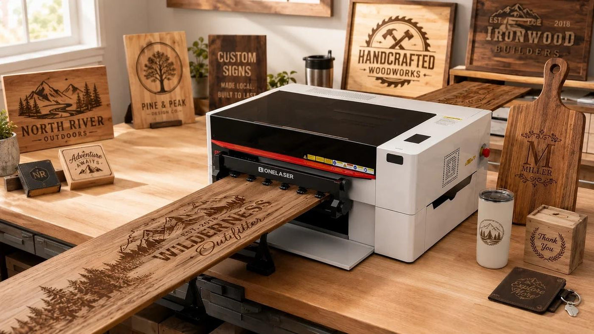 A white and black laser engraver sits on a wooden workbench, actively engraving a long wooden sign with a forest landscape design. The scene is set in a workshop with other engraved wooden signs, stamps, and mugs displayed in the background.