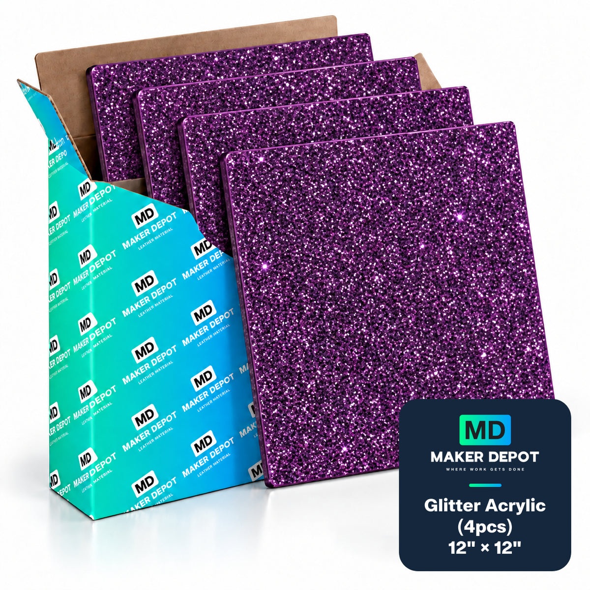 MakerDepot 1/8" Glitter Acrylic Sheets, 12" × 12", 4 Pack for Laser Engraving & Cutting