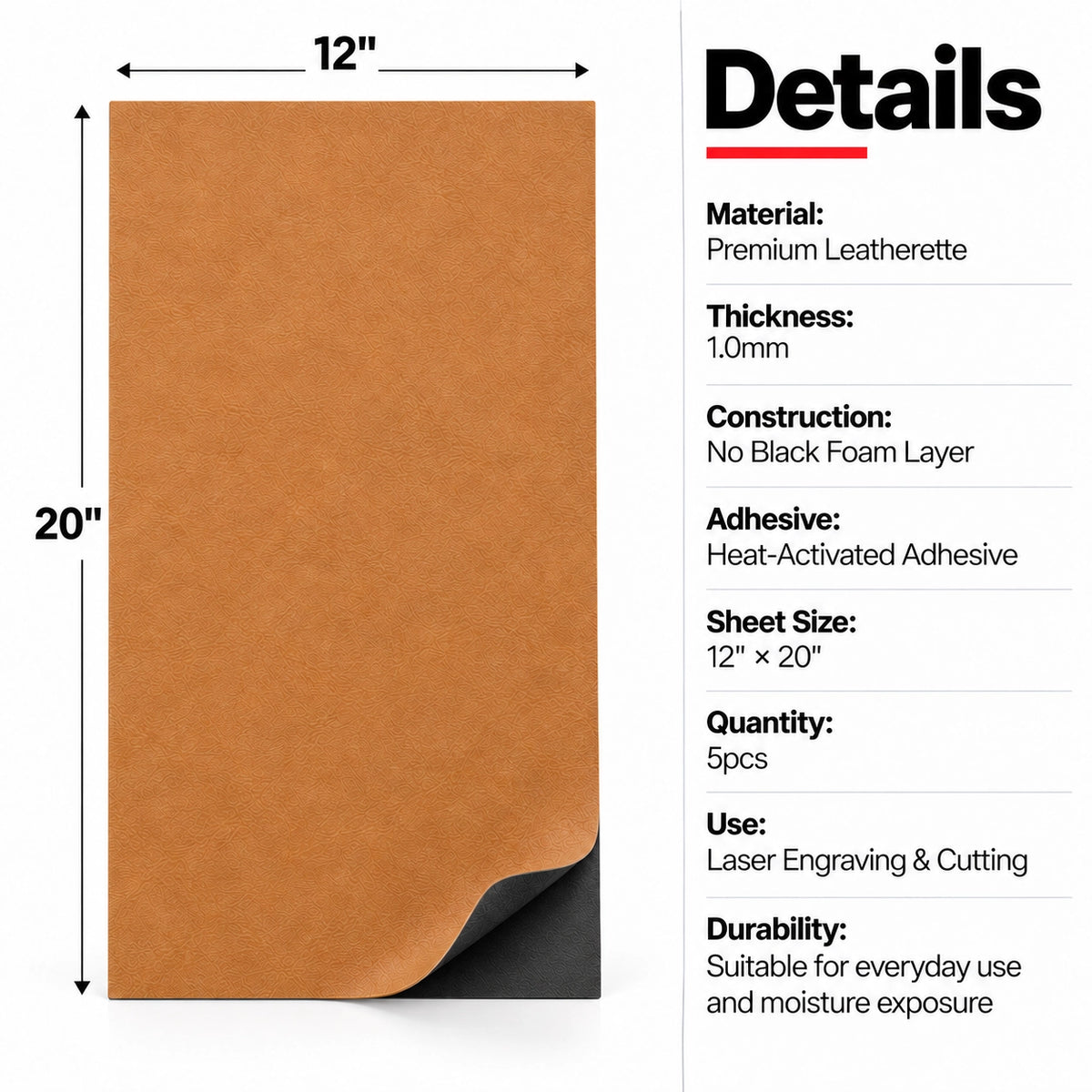 MakerDepot 1.0mm No-Foam Leatherette Sheets, 12" × 20", 5 Pack for Laser Engraving & Cutting