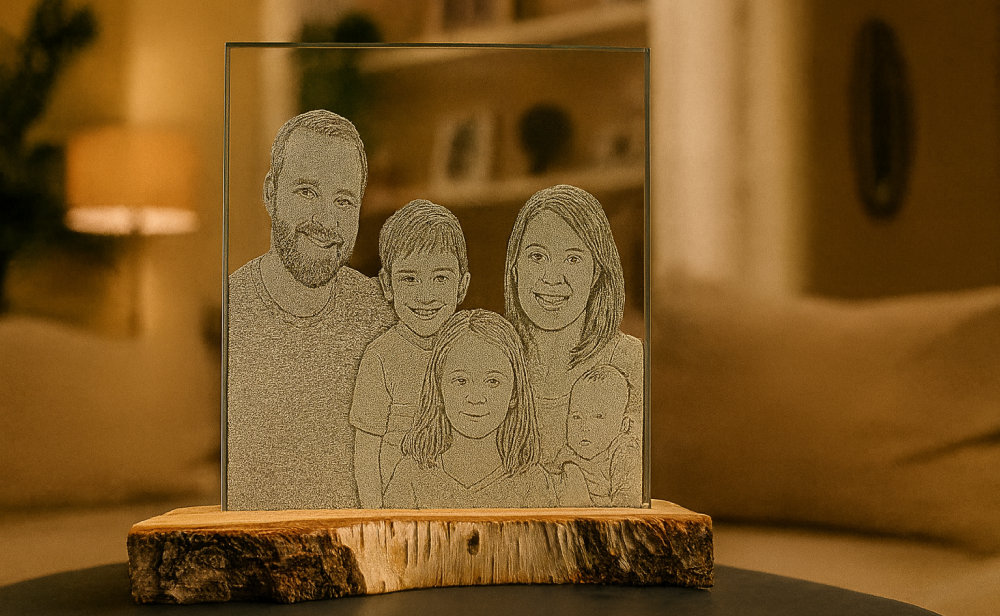 Laser cut engraved idea glass family photo