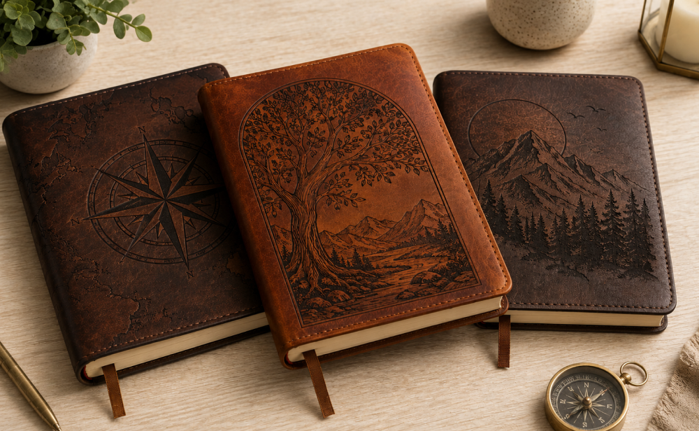 Laser engraved leather journals