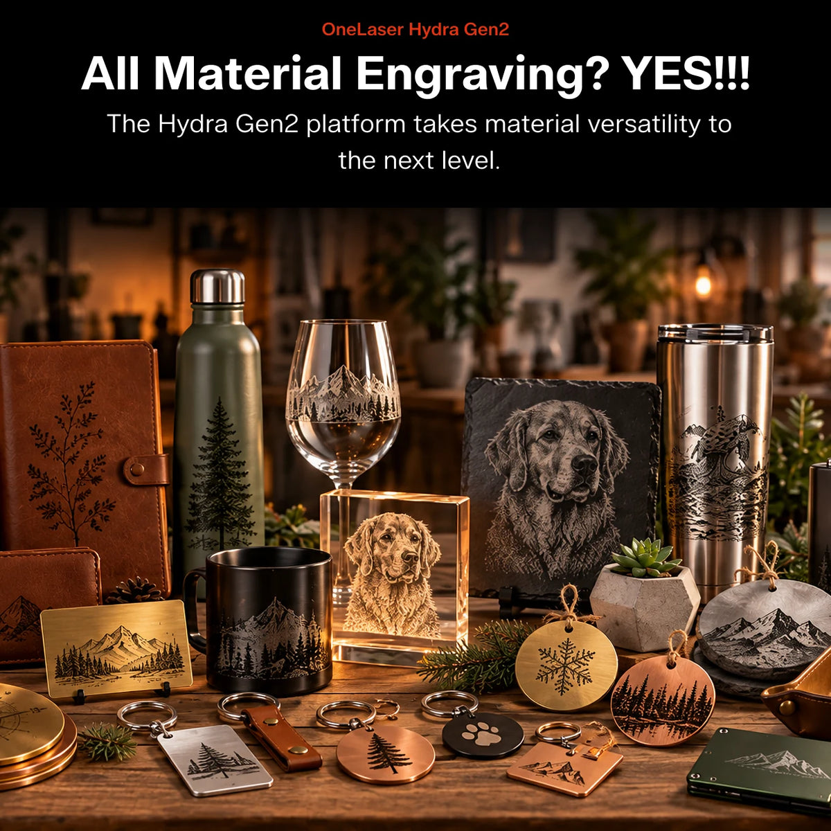 A promotional display of engraved outdoor and cabin-themed products on a wooden table, including a wine glass, insulated tumbler, bottle, mug, plaque, keychains, and small accessories, all featuring mountain and tree engravings. A black banner at the top reads 'OneLaser Hydra Gen2' and 'All Material Engraving? YES!!!' with marketing text about material versatility.