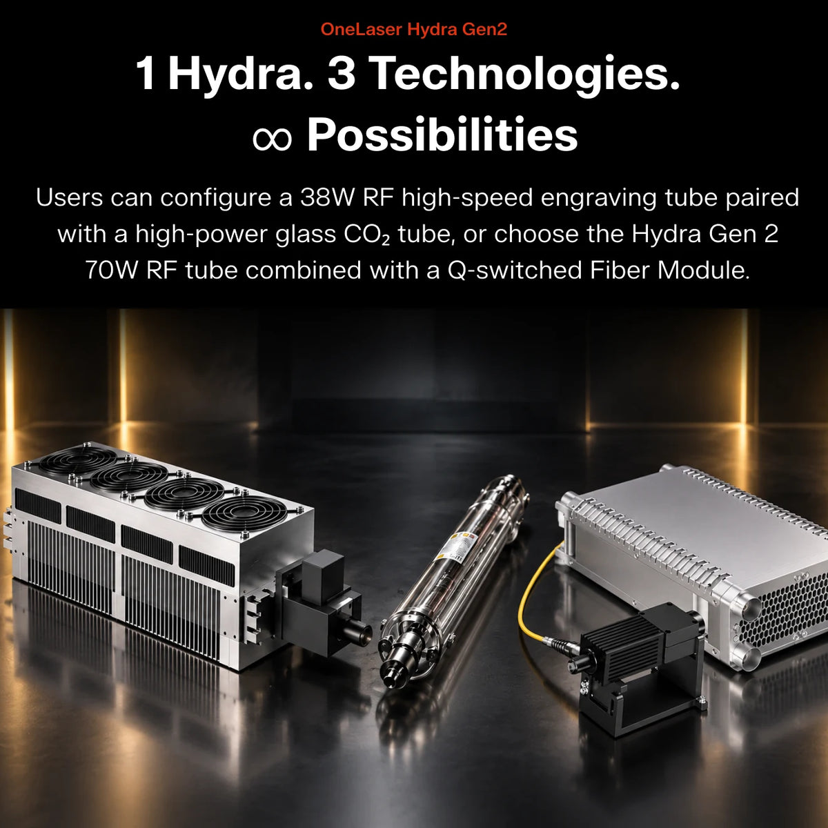 Promotional product graphic for OneLaser Hydra Gen2 showing multiple laser hardware components on a dark reflective studio background with headline text at the top. Visible products include a silver cooling/heatsink unit with fans, a cylindrical laser tube, a large silver rectangular module, and a small black power supply with a yellow cable.