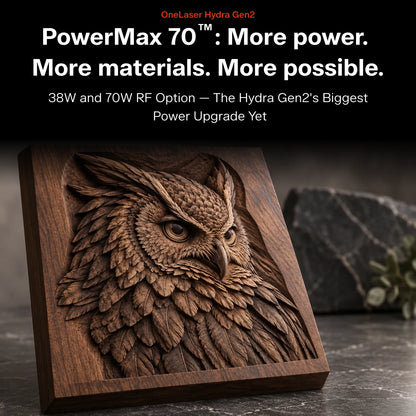 A carved wooden plaque featuring a detailed owl head relief, shown at an angle on a dark tabletop with a blurred stone and plant in the background. Large promotional text at the top reads 'PowerMax 70™: More power.