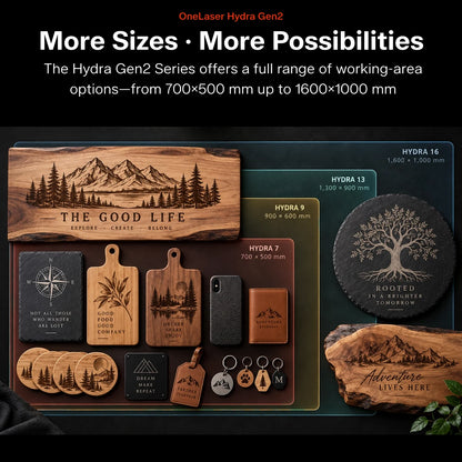 Promotional graphic for OneLaser Hydra Gen2 engraving services, showing multiple wood and metal product examples with mountain and tree engravings, plus size options and marketing text on a dark background.
