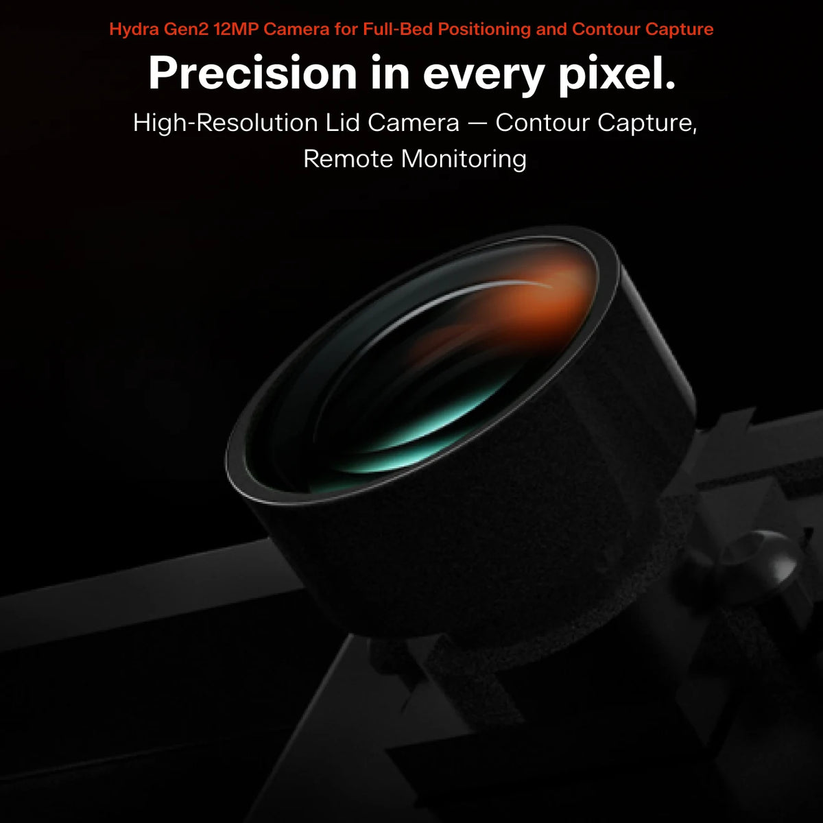 A close-up of a black camera lens labeled as an XRF Gen2 12MP camera, with promotional text above reading 'Precision in every pixel. High-Resolution Lid Camera — Contour Capture, Remote Monitoring' on a black background.