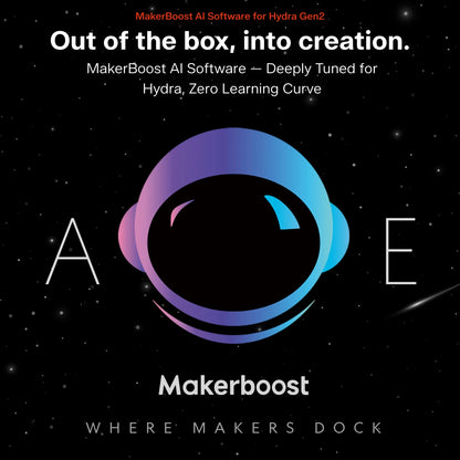 Promotional graphic for MakerBoost AI Software featuring a stylized astronaut helmet in a purple-to-blue gradient on a black starry background, with the words 'Out of the box, into creation.' and 'Makerboost' plus the tagline 'WHERE MAKERS DOCK'.