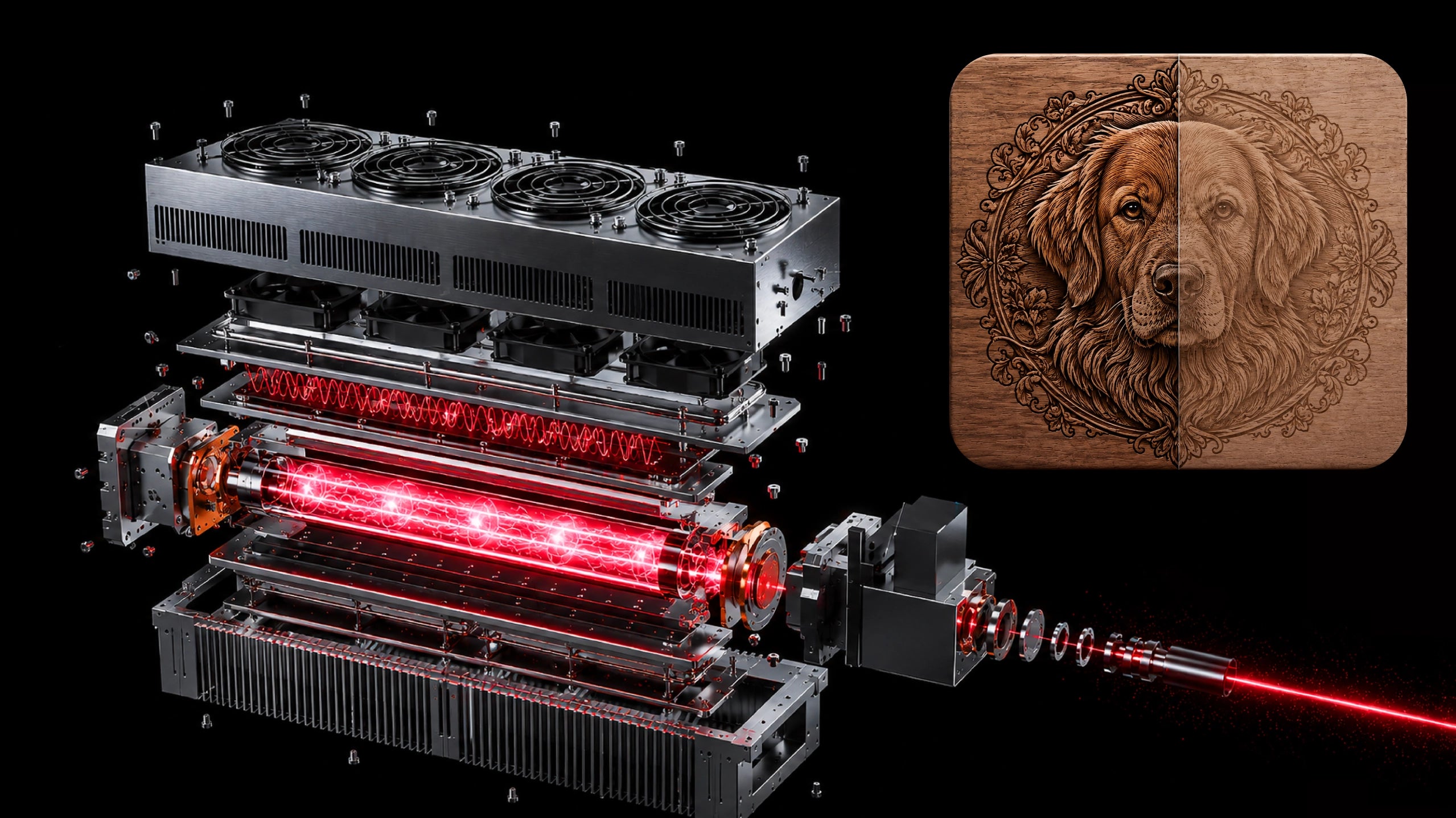 OneLaser XRF Gen2 70W RF metal tube desktop laser engraver power upgrade, detailed portrait wood engraving