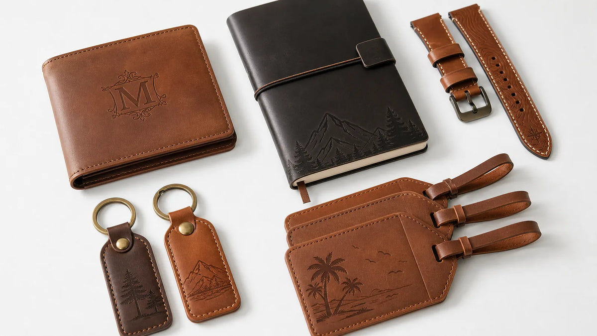 Leather laser engraved and cut products and items