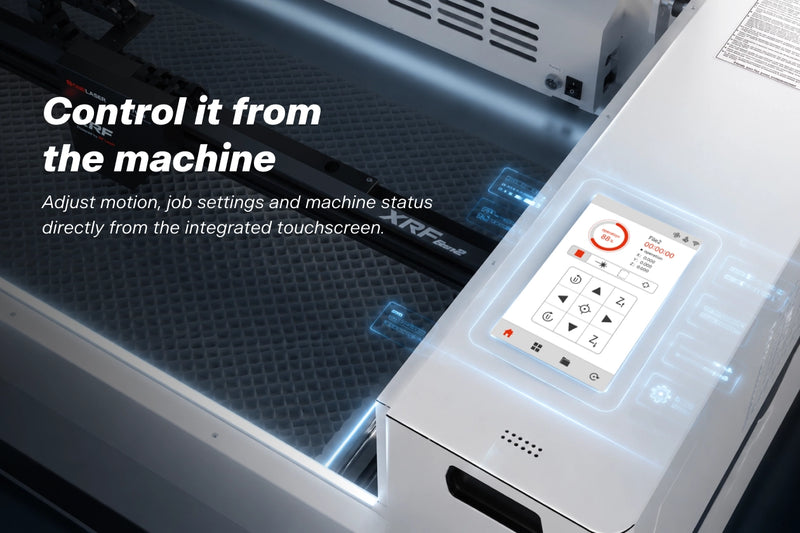 OneLaser XRF Gen2 RF desktop laser engraver integrated touchscreen control for motion, job settings, and status