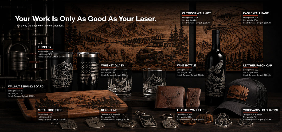 OneLaser XRF Gen2 wood, metal, glass and leather laser engraver cutter for profitable small business products: tumblers, wallets, wall art