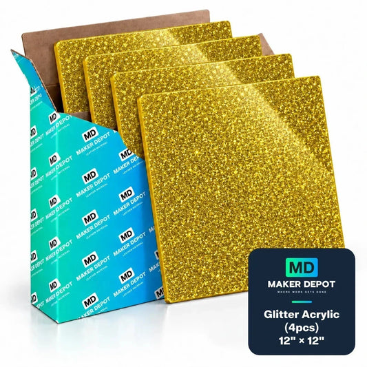 Glitter Acrylic Sheets with a bright gold glitter finish, shown as four square cast acrylic sheets with an opaque sparkle surface