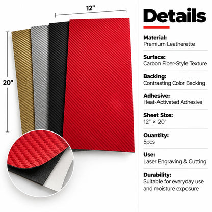 MakerDepot Carbon Fiber Leatherette Sheets, 12" × 20", 5 Pack for Laser Engraving & Cutting