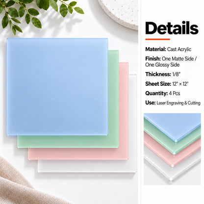 MakerDepot 1/8" Frosted Matte Acrylic Sheets, 12" × 12", 4 Pack for Laser Engraving & Cutting