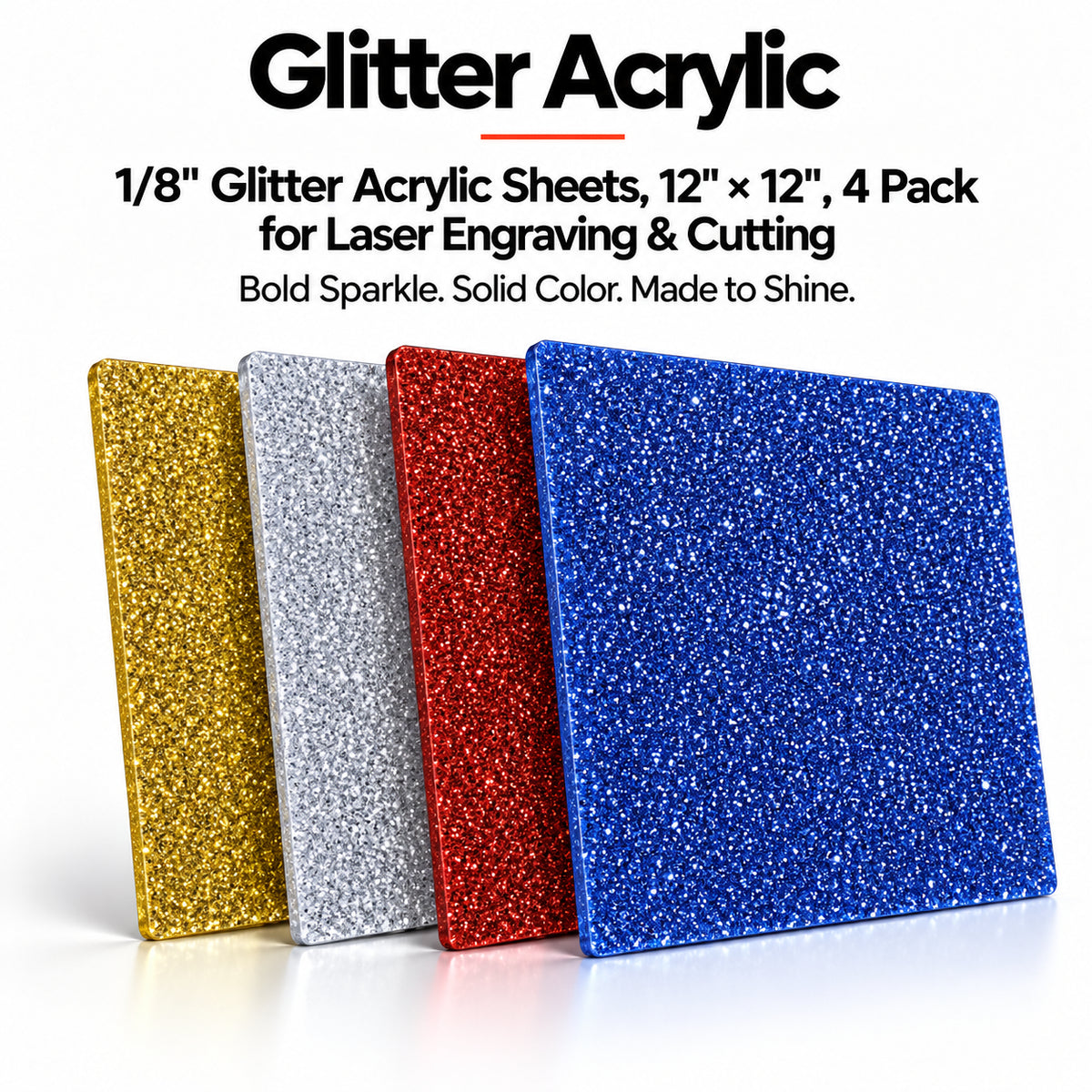 MakerDepot 1/8" Glitter Acrylic Sheets, 12" × 12", 4 Pack for Laser Engraving & Cutting