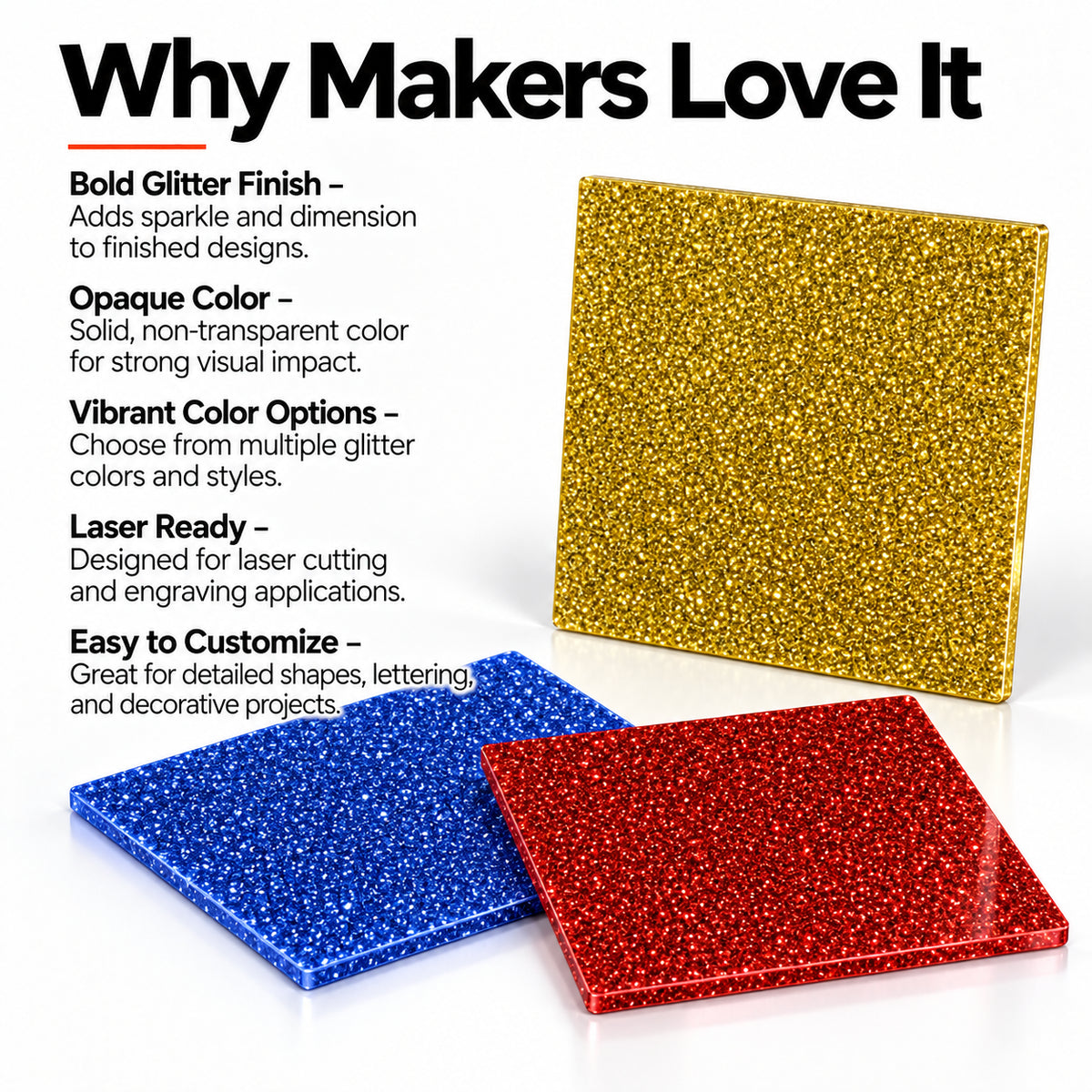 MakerDepot 1/8" Glitter Acrylic Sheets, 12" × 12", 4 Pack for Laser Engraving & Cutting