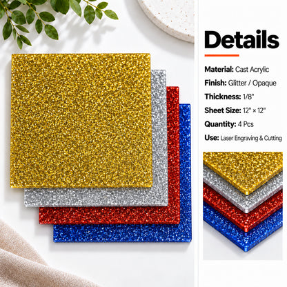 MakerDepot 1/8" Glitter Acrylic Sheets, 12" × 12", 4 Pack for Laser Engraving & Cutting