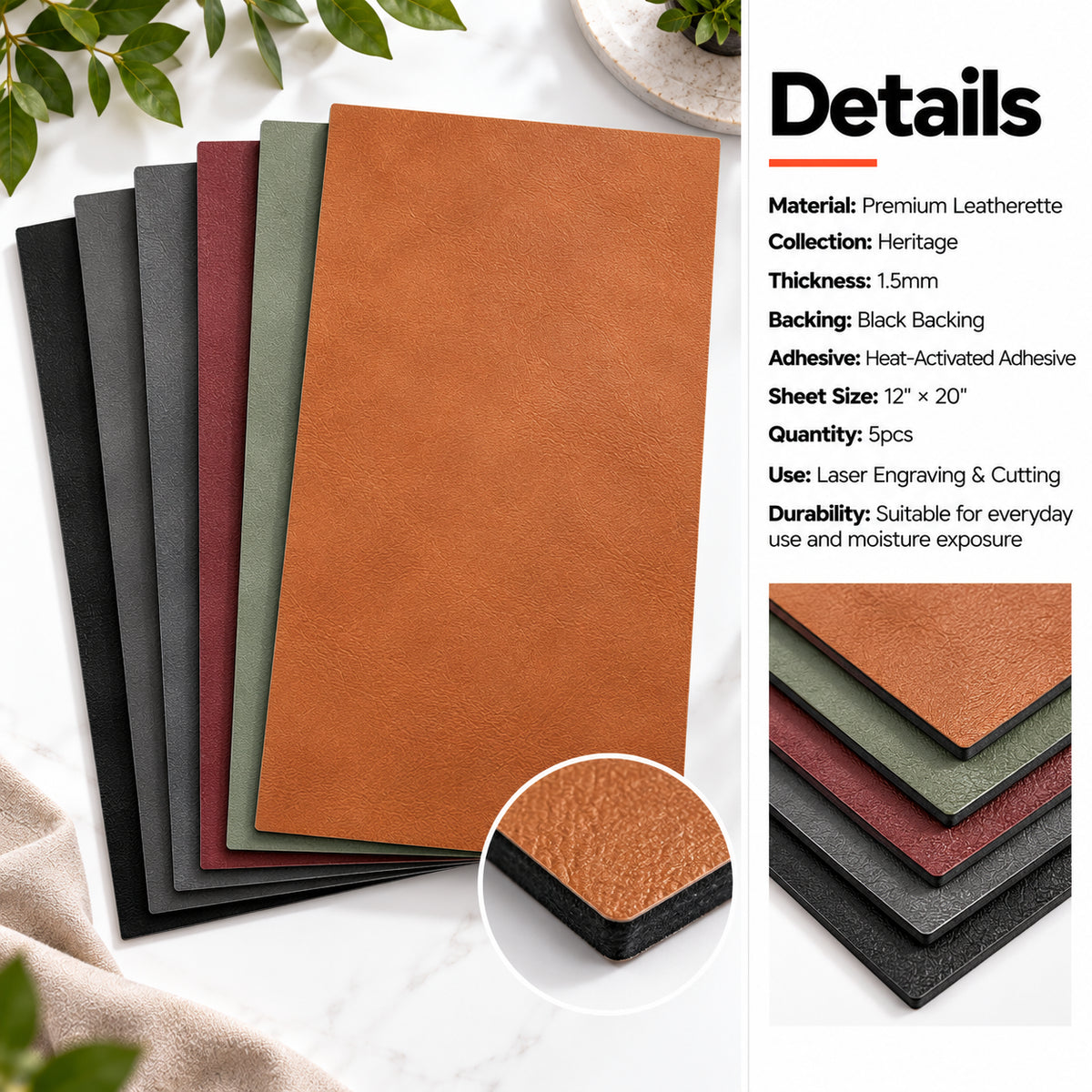 MakerDepot 1.5mm Heritage Leatherette Sheets, 12" × 20", 5 Pack for Laser Engraving & Cutting