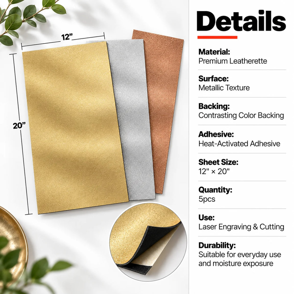 MakerDepot Metallic Texture Leatherette Sheets, 12" × 20", 5 Pack for Laser Engraving & Cutting