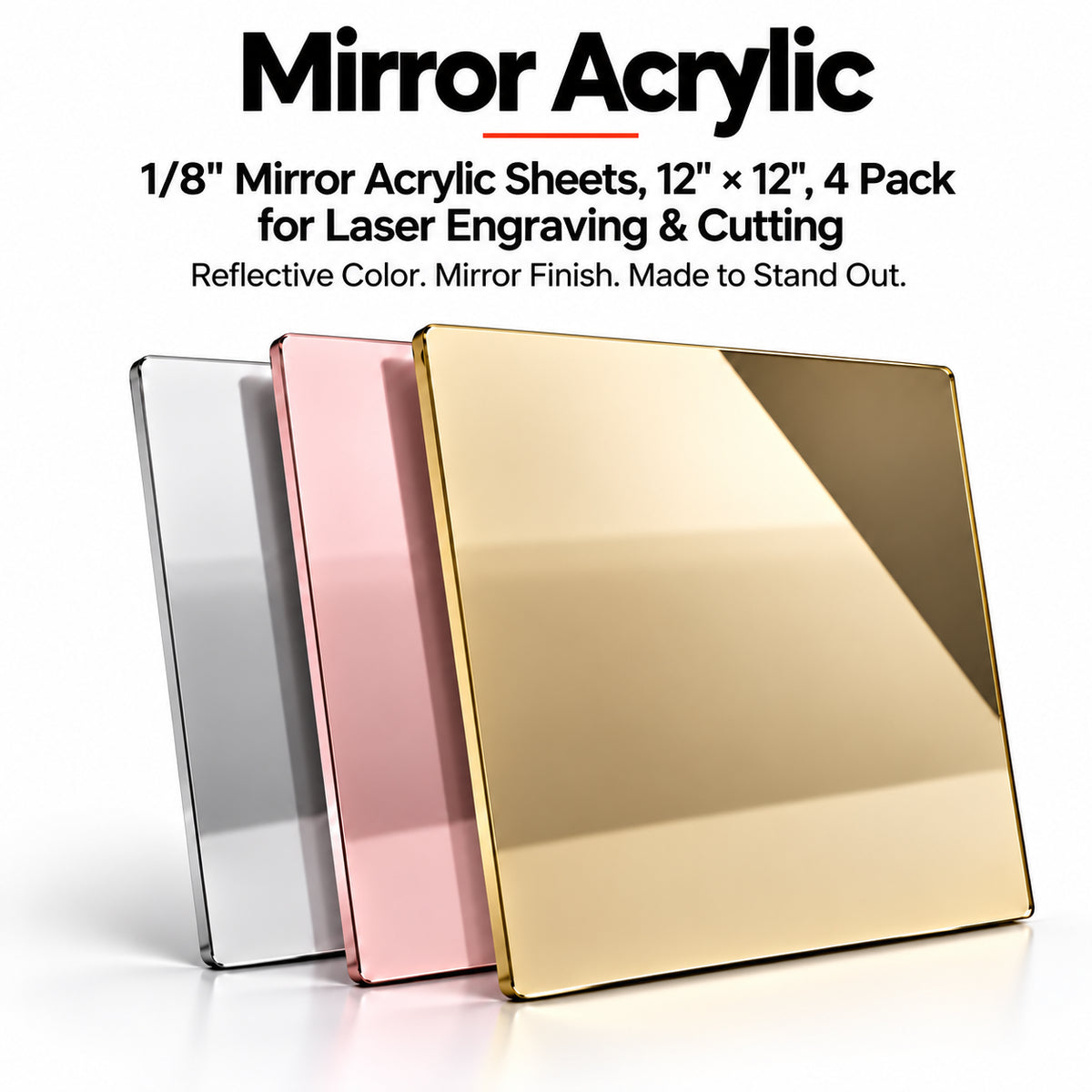 MakerDepot 1/8" Mirror Acrylic Sheets, 12" × 12", 4 Pack for Laser Engraving & Cutting
