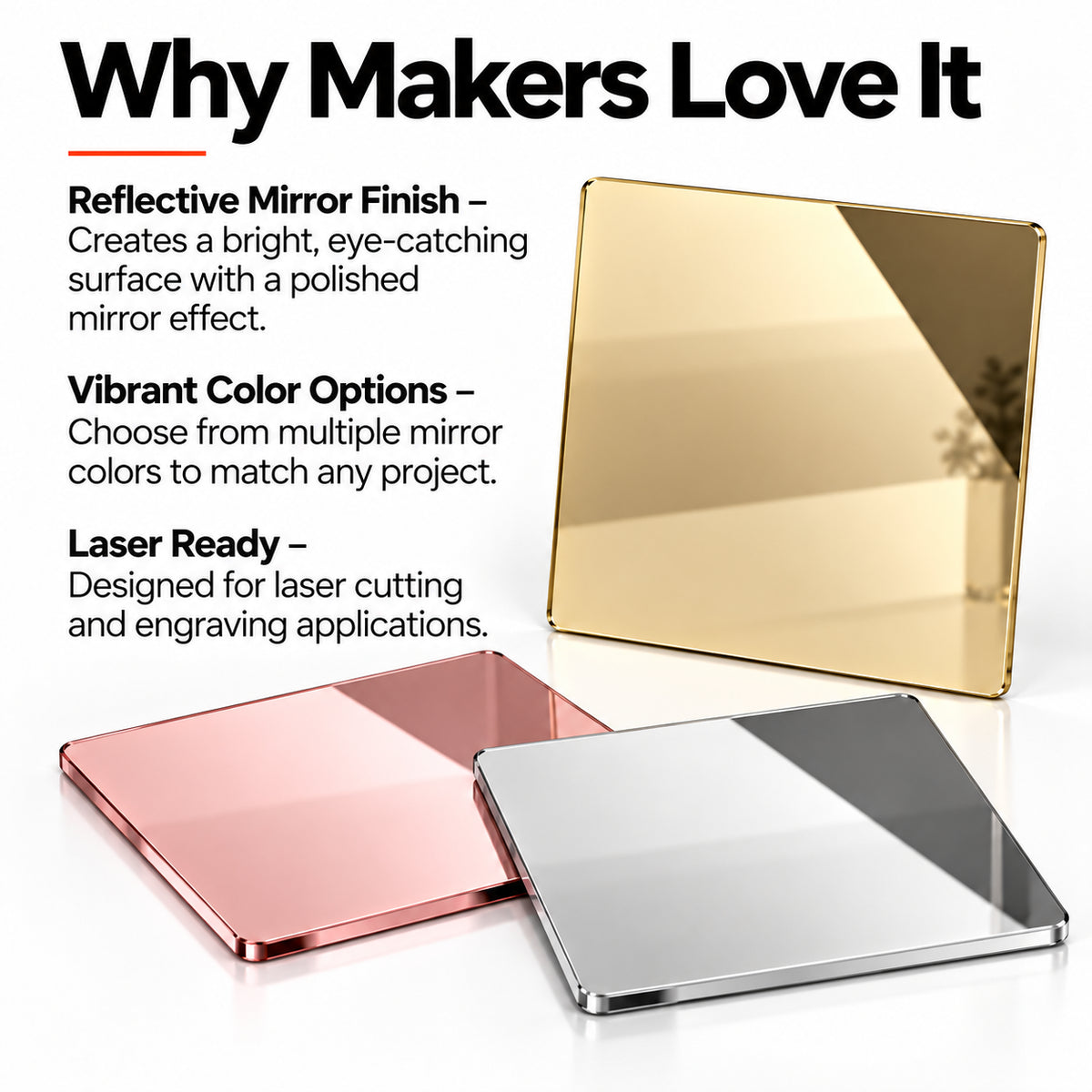 MakerDepot 1/8" Mirror Acrylic Sheets, 12" × 12", 4 Pack for Laser Engraving & Cutting