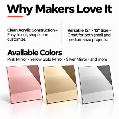 MakerDepot 1/8" Mirror Acrylic Sheets, 12" × 12", 4 Pack for Laser Engraving & Cutting