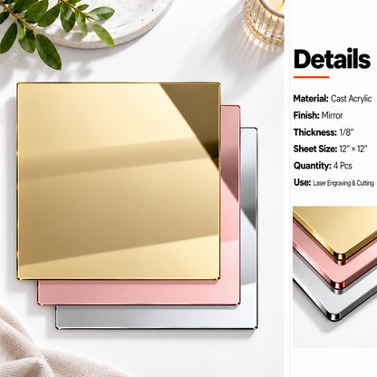 MakerDepot 1/8" Mirror Acrylic Sheets, 12" × 12", 4 Pack for Laser Engraving & Cutting