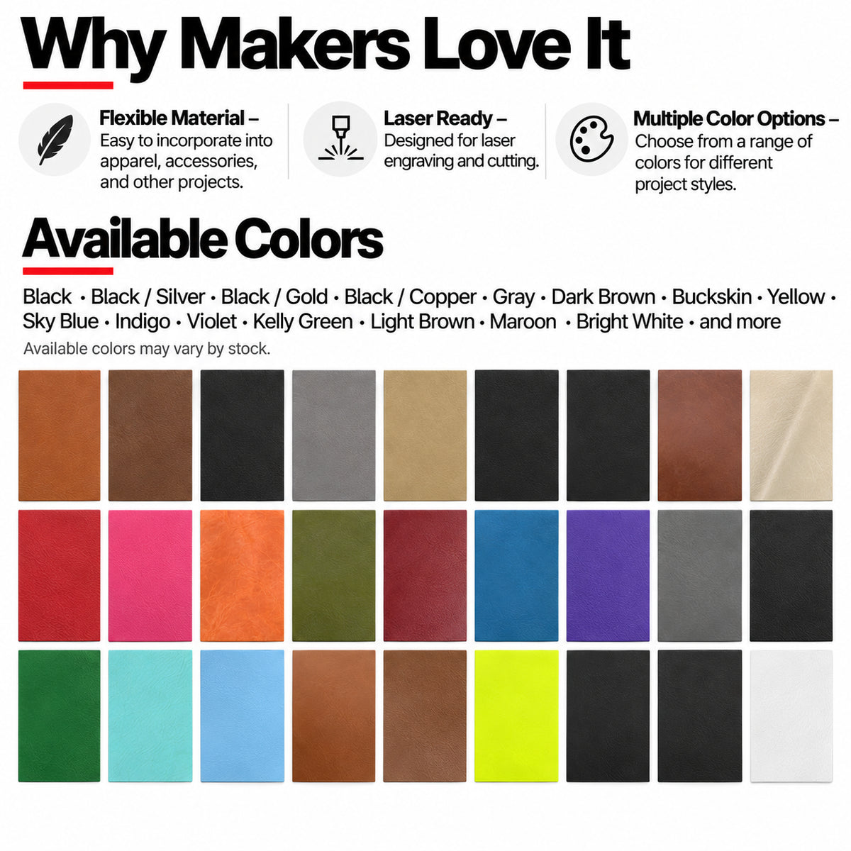 MakerDepot 1.0mm No-Foam Leatherette Sheets, 12" × 20", 5 Pack for Laser Engraving & Cutting