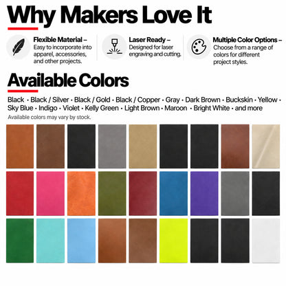 MakerDepot 1.0mm No-Foam Leatherette Sheets, 12" × 20", 5 Pack for Laser Engraving & Cutting
