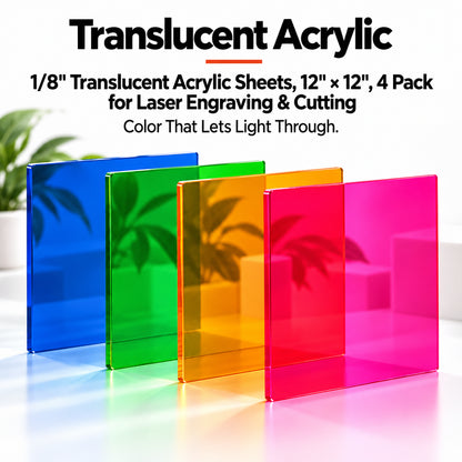 MakerDepot 1/8" Translucent Acrylic Sheets, 12" × 12", 4 Pack for Laser Engraving & Cutting