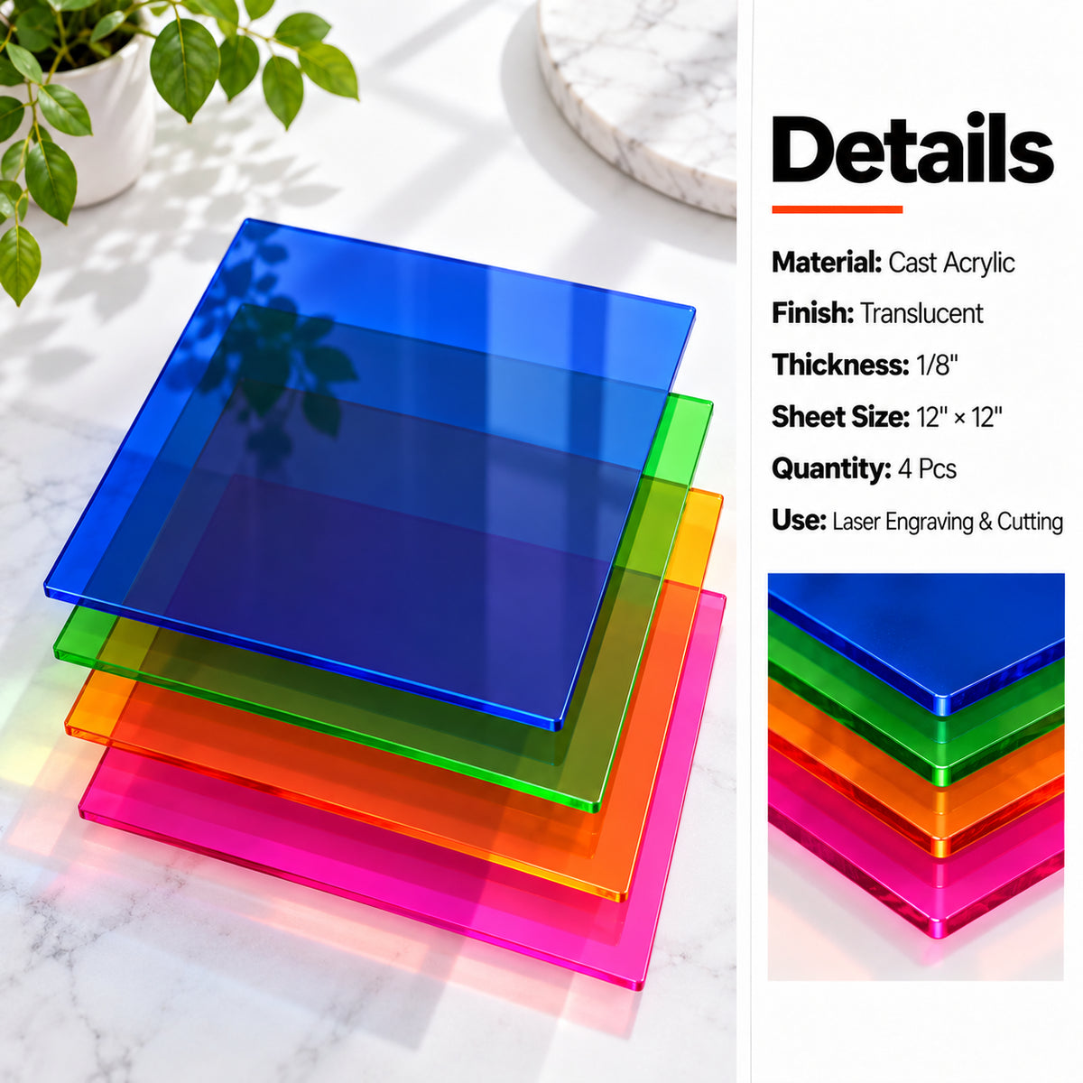 MakerDepot 1/8" Translucent Acrylic Sheets, 12" × 12", 4 Pack for Laser Engraving & Cutting